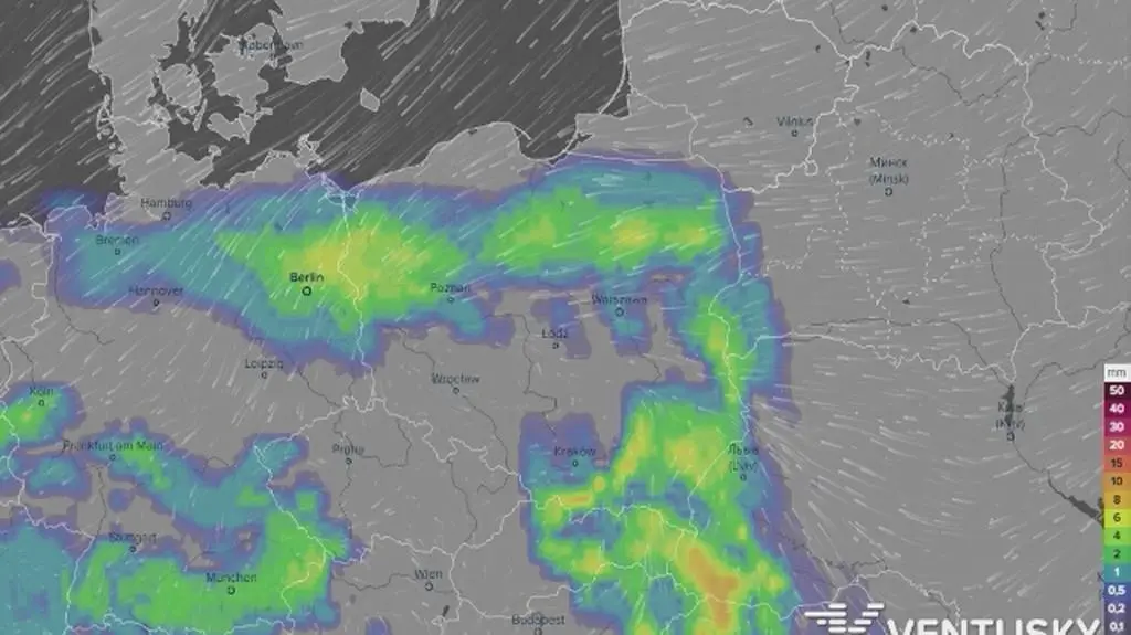 Prognoza opadów w najbliższych godzinach (Ventusky