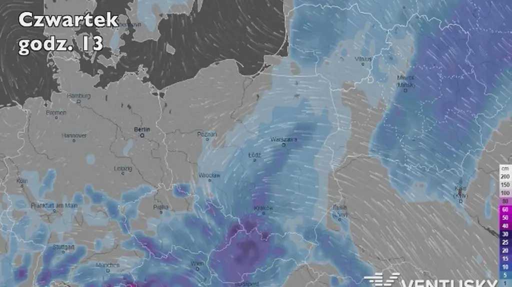 Prognoza pokrywy śnieżnej w najbliższych godzinach (Ventusky