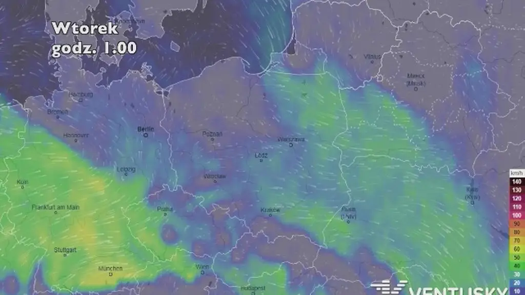 Prognoza porywów wiatru na pięć dni (ventusky