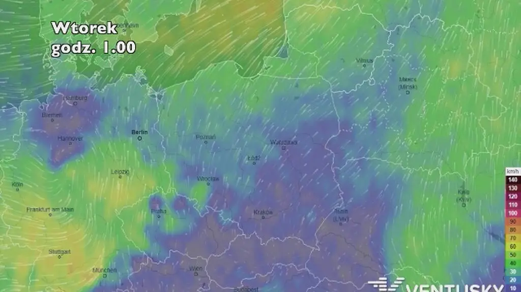 Prognoza porywów wiatru na pięć dni (ventusky