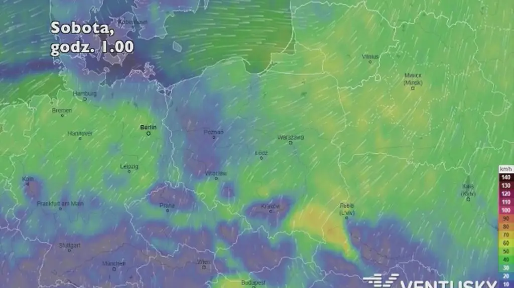 Prognoza porywów wiatru na pięć dni (ventusky