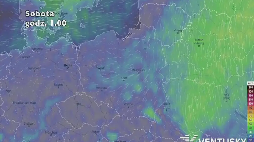 Prognoza porywów wiatru na pięć dni (ventusky