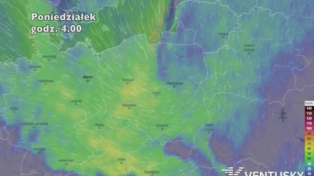 Prognoza porywów wiatru na siedem dni (ventusky