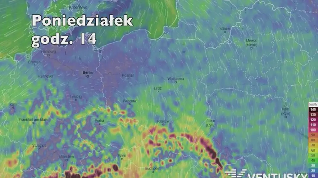 Prognoza porywów wiatru w najbliższych godzinach (Ventusky