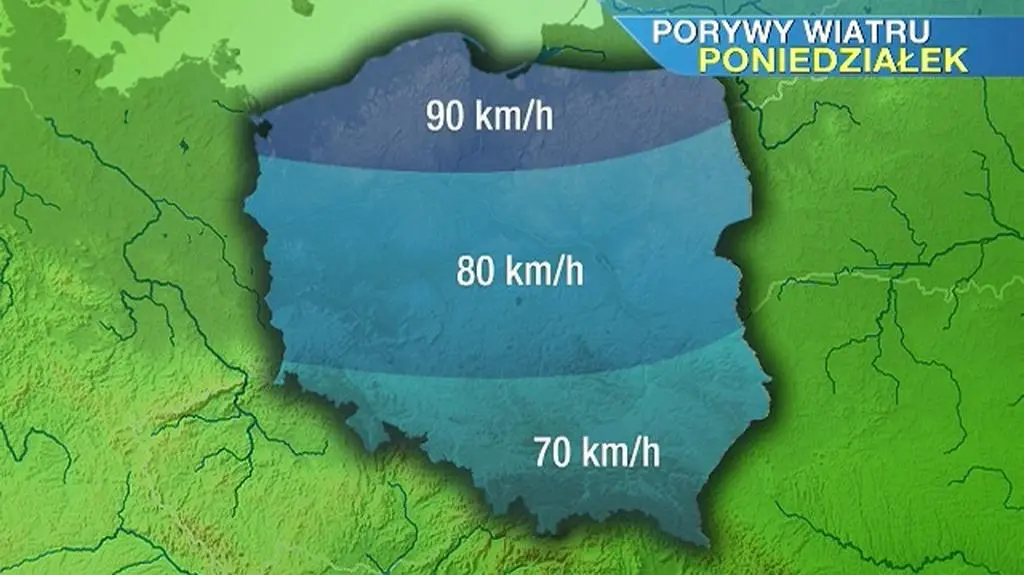 Prognoza prędkości wiatru na poniedziałek 17