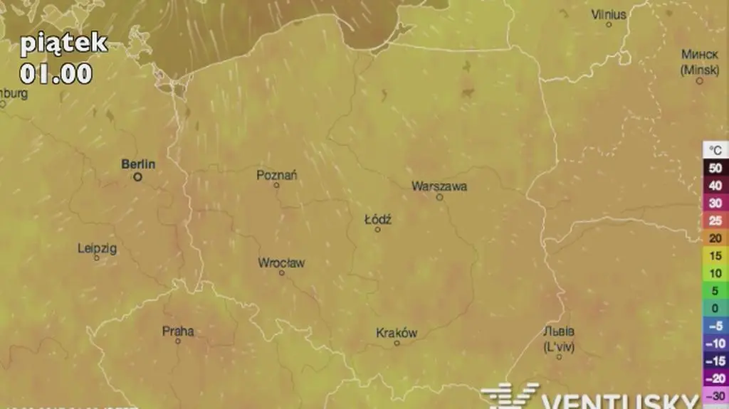 Prognoza temperatury na weekend (Ventusky.com)
