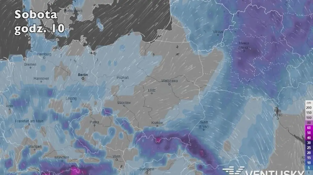 Prognoza wysokości pokrywy śnieżnej w weekend (Ventusky