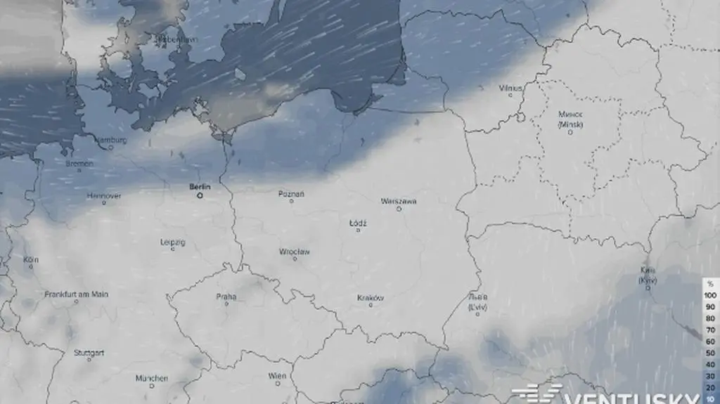 Prognoza zachmurzenia w najbliższych godzinach (Ventusky
