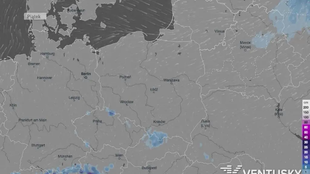 Prognozowana pokrywa śnieżna na najbliższe dni (Ventusky