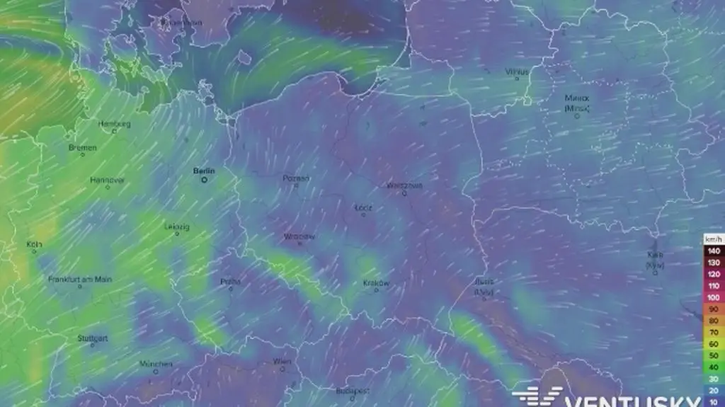 Prognozowana prędkość wiatru w najbliższych dniach (Ventusky