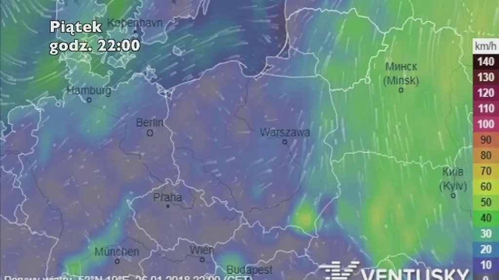 Prognozowana prędkość wiatru (źródło: Ventusky)