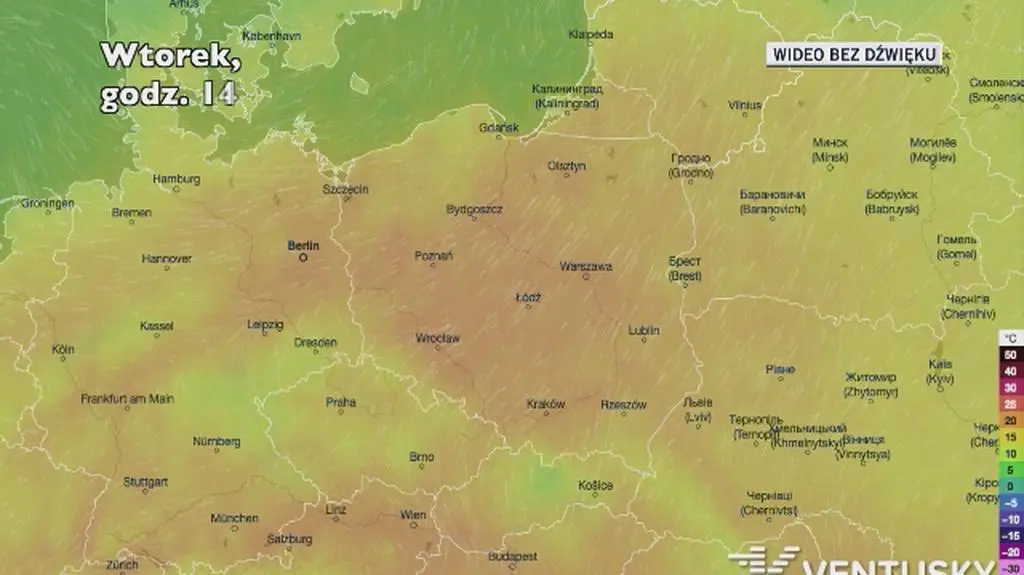 Prognozowana temperatura na kolejne dni (Ventusky.com)