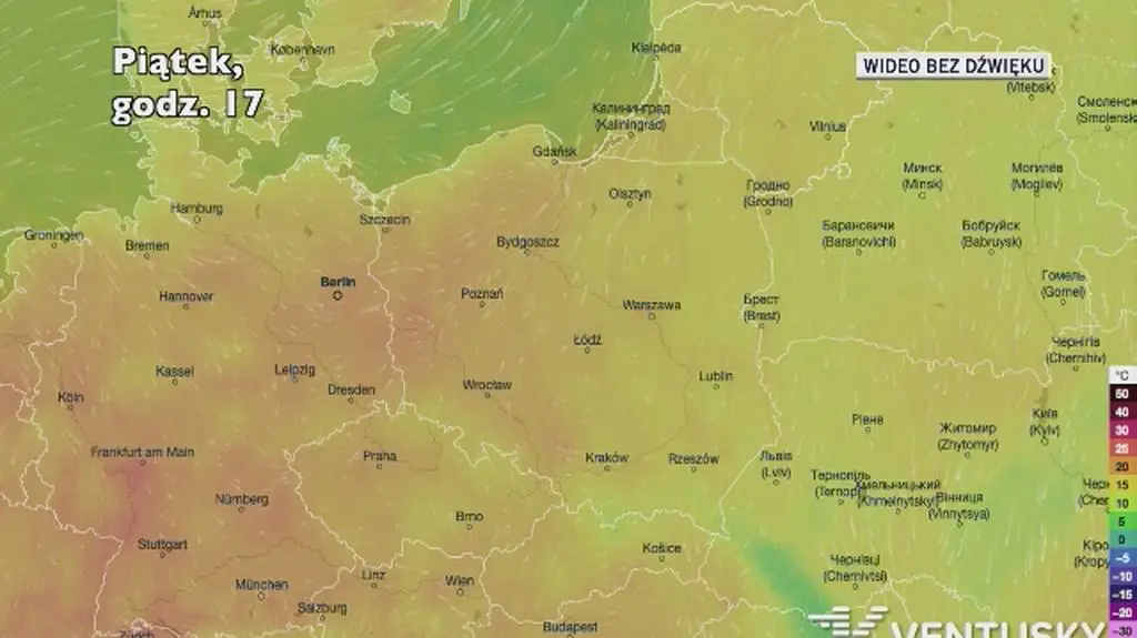 Prognozowana temperatura na kolejne dni (Ventusky