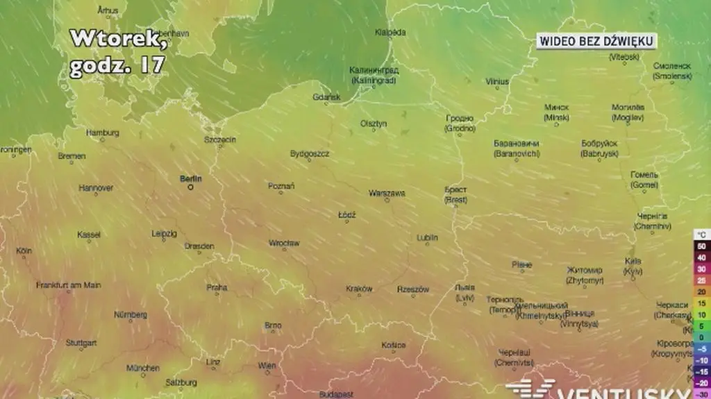 Prognozowana temperatura na kolejne dni (Ventusky.com)