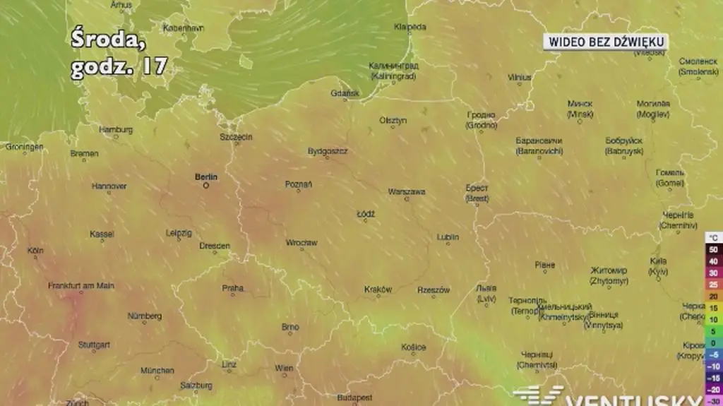 Prognozowana temperatura na kolejne dni (Ventusky.com)
