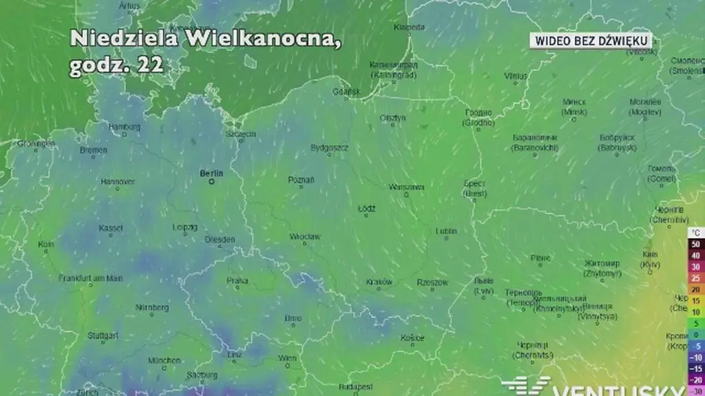 Prognozowana temperatura na Święta Wielkanocne (Ventusky)