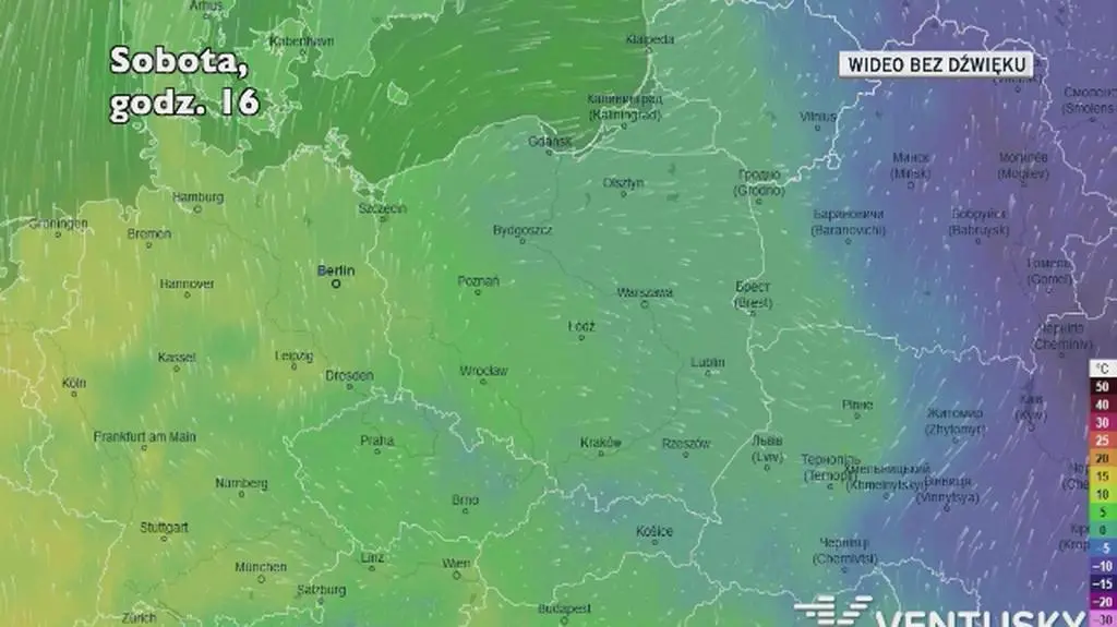 Prognozowana temperatura w ciągu kolejnych dni (Ventusky)