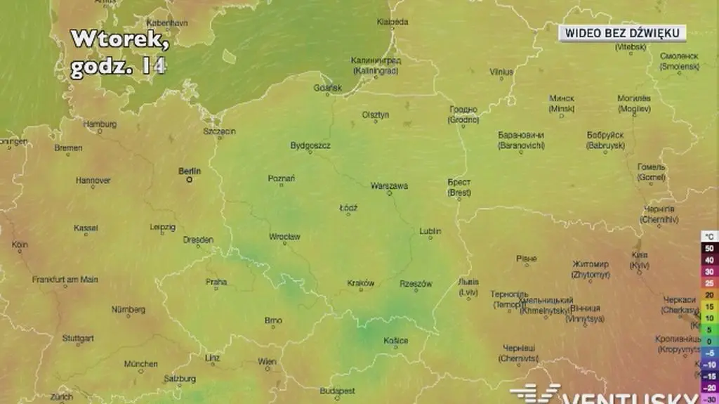 Prognozowana temperatura w ciągu kolejnych dni (Ventusky)