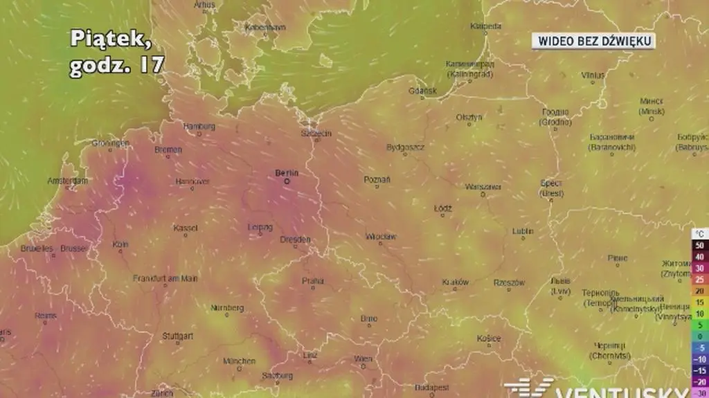 Prognozowana temperatura w ciągu kolejnych dni (Ventusky)