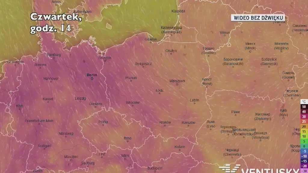 Prognozowana temperatura w ciągu kolejnych dni (Ventusky)