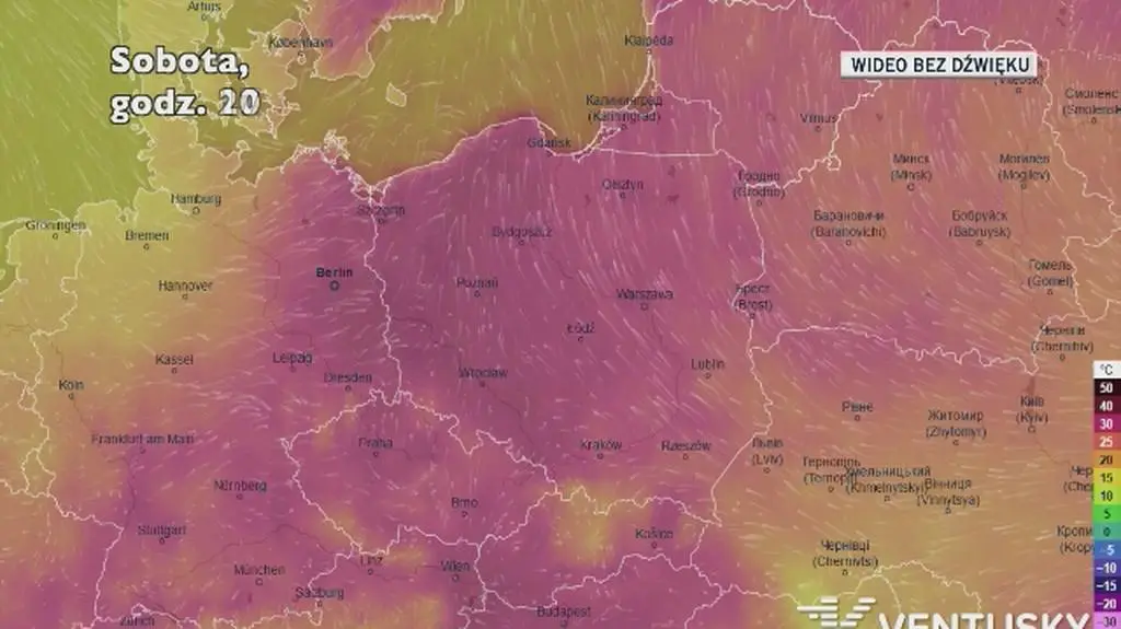 Prognozowana temperatura w ciągu kolejnych dni (Ventusky)