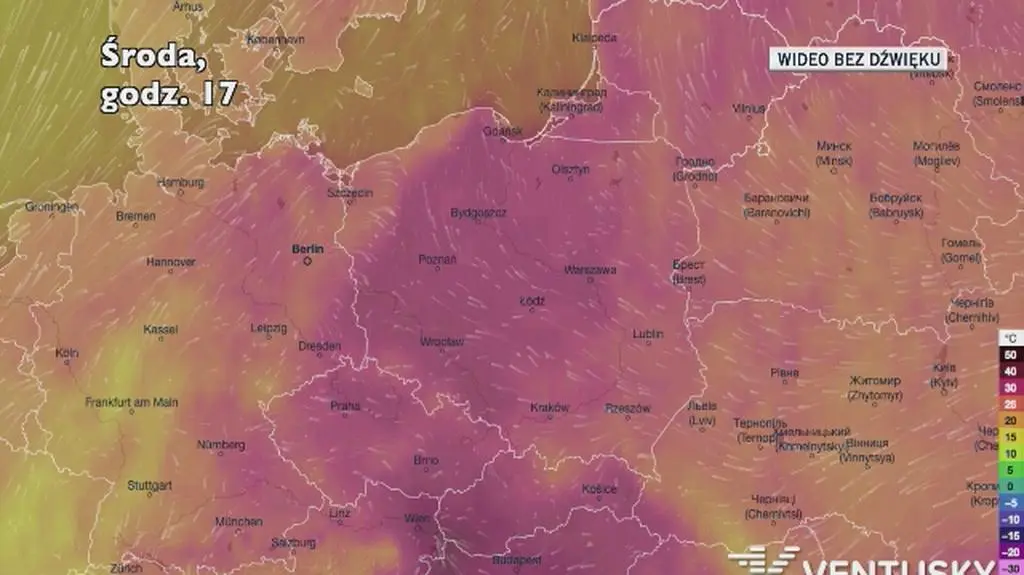 Prognozowana temperatura w ciągu kolejnych dni (Ventusky)