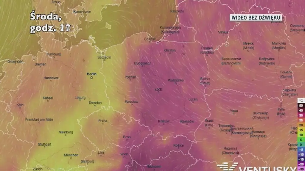 Prognozowana temperatura w ciągu kolejnych dni (Ventusky)