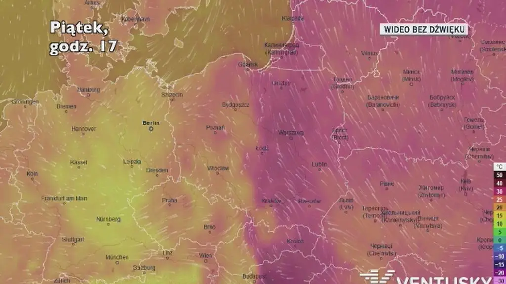 Prognozowana temperatura w ciągu kolejnych dni (Ventusky)