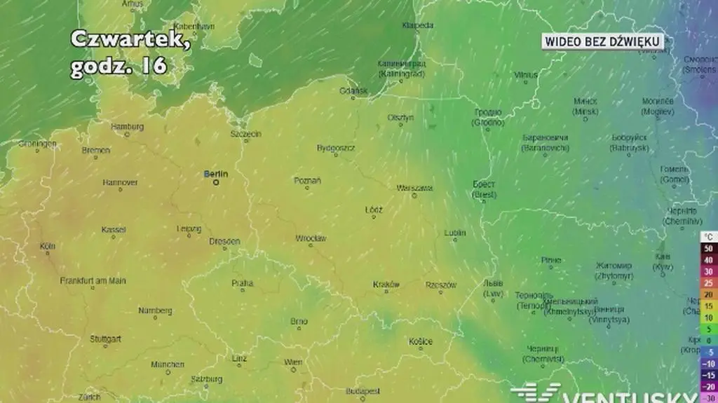 Prognozowana temperatura w ciągu kolejnych dni (Ventusky)