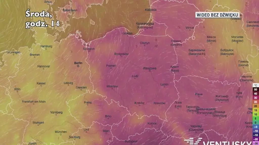Prognozowana temperatura w ciągu kolejnych dni (Ventusky)
