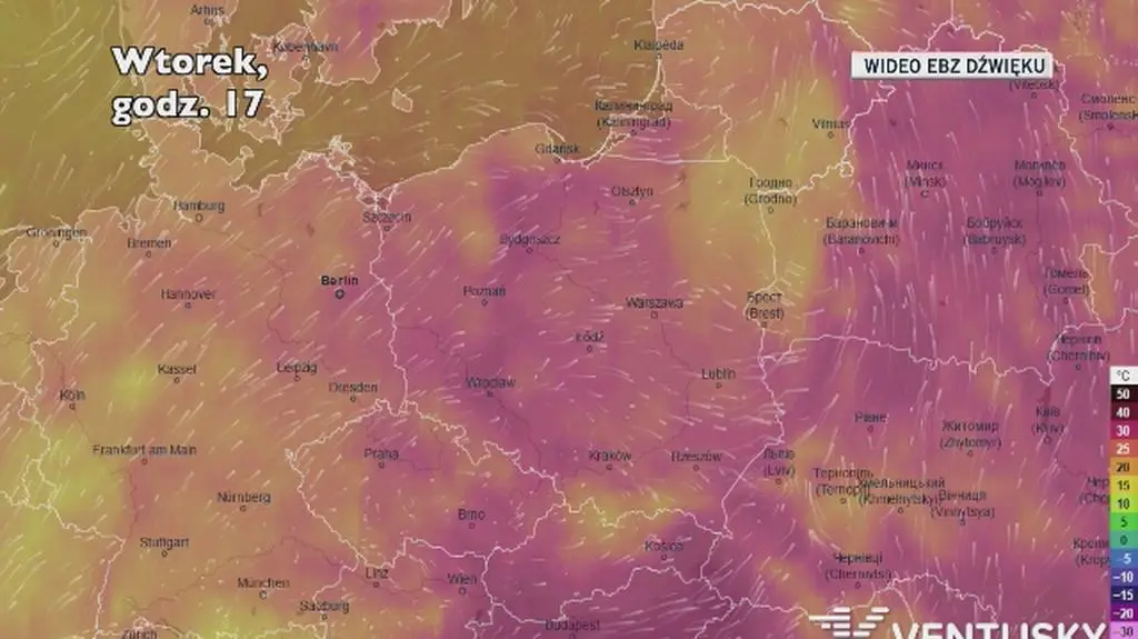 Prognozowana temperatura w ciągu kolejnych dni (Ventusky)