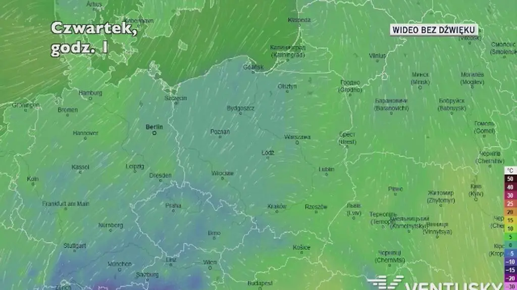 Prognozowana temperatura w kolejnych dniach (Ventusky)