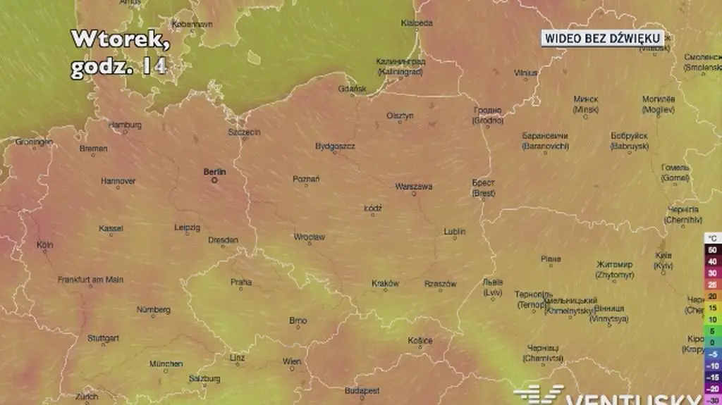 Prognozowana temperatura w kolejnych dniach (Ventusky.com)