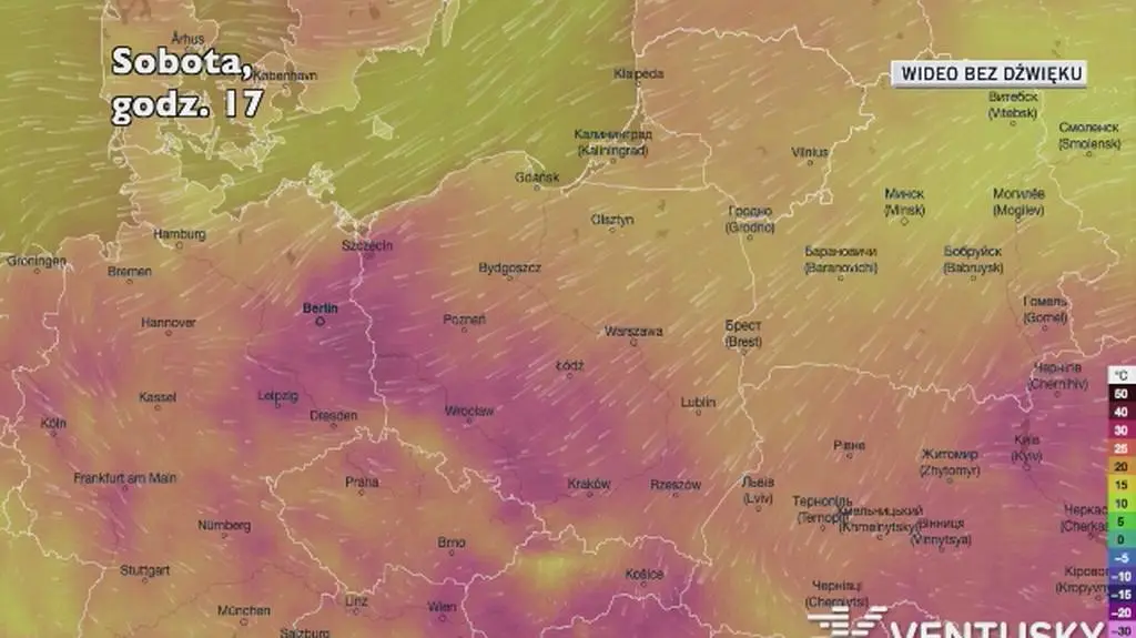 Prognozowana temperatura w kolejnych dniach (Ventusky.com)