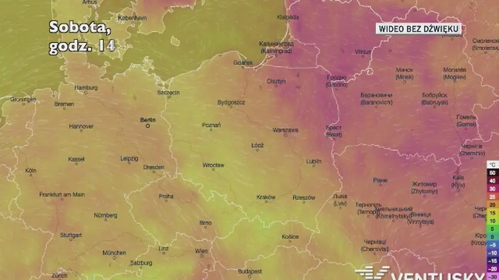 Prognozowana temperatura w kolejnych dniach (Ventusky