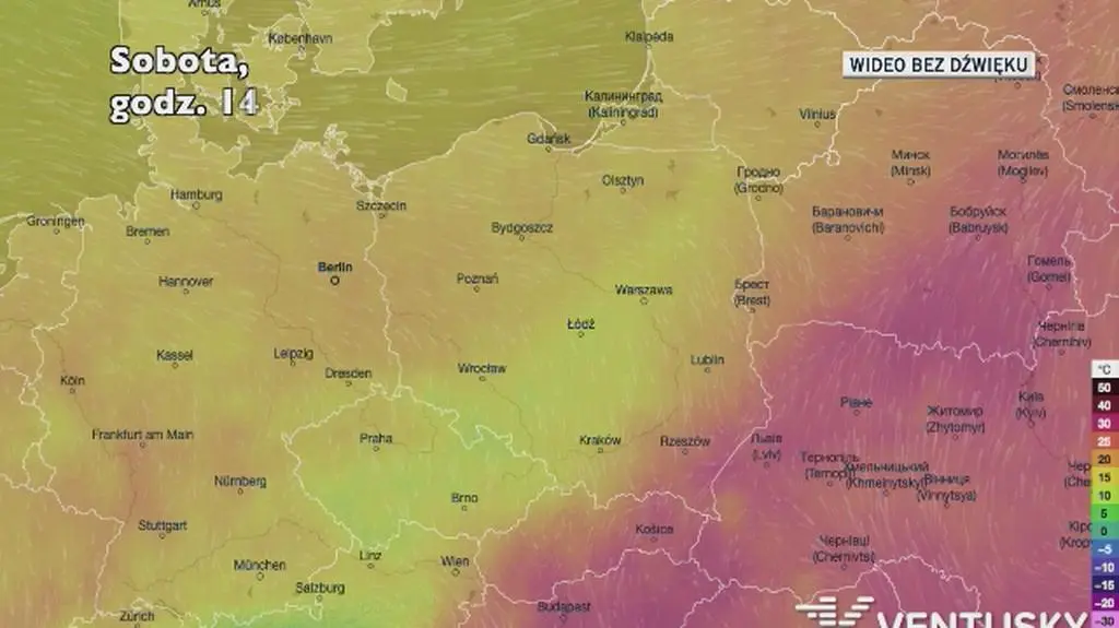 Prognozowana temperatura w kolejnych dniach (Ventusky.com)