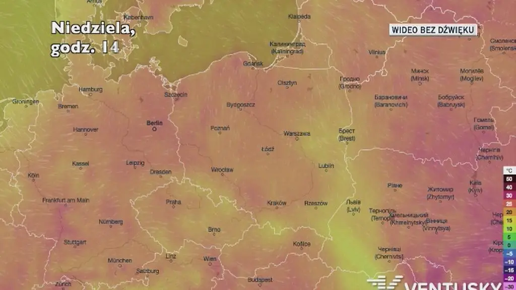 Prognozowana temperatura w kolejnych dniach (Ventusky.com)
