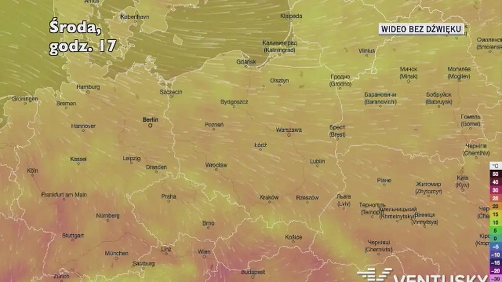 Prognozowana temperatura w kolejnych dniach (Ventusky