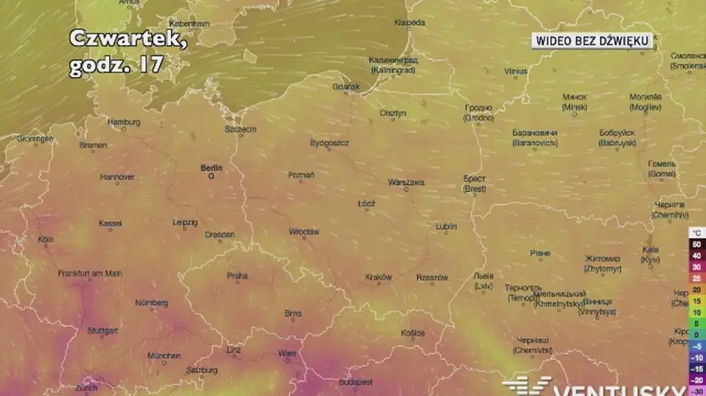 Prognozowana temperatura w kolejnych dniach (Ventusky.com)