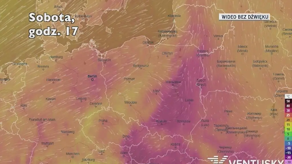 Prognozowana temperatura w kolejnych dniach (Ventusky
