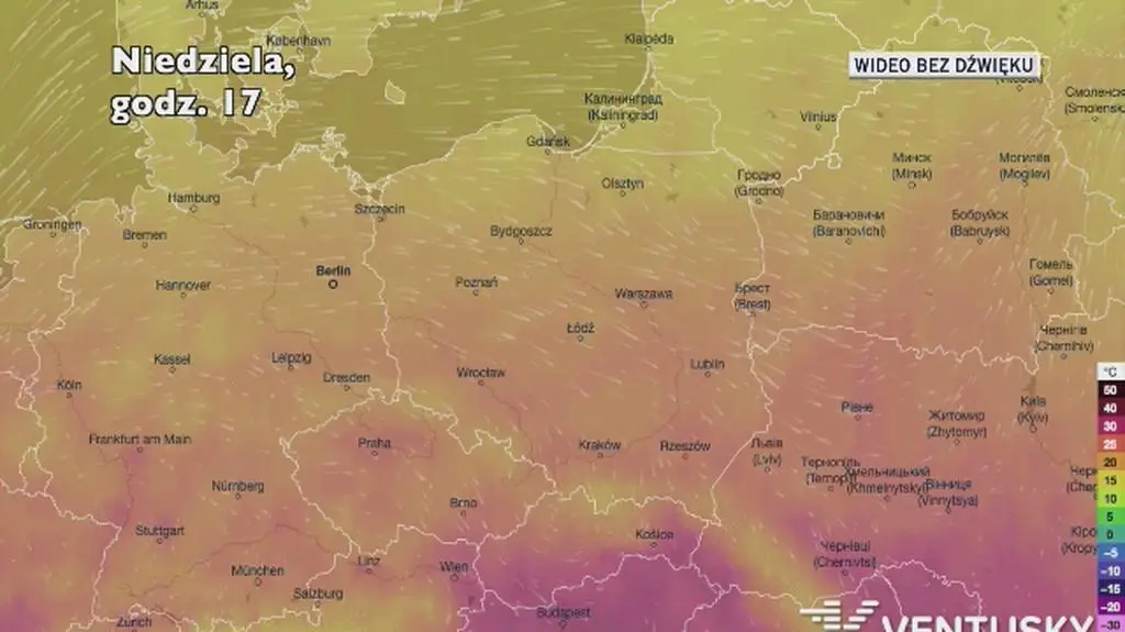 Prognozowana temperatura w kolejnych dniach (Ventusky