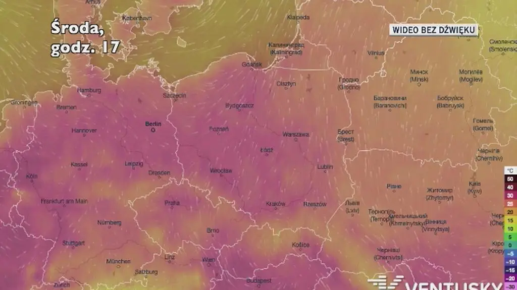 Prognozowana temperatura w kolejnych dniach (Ventusky.com)