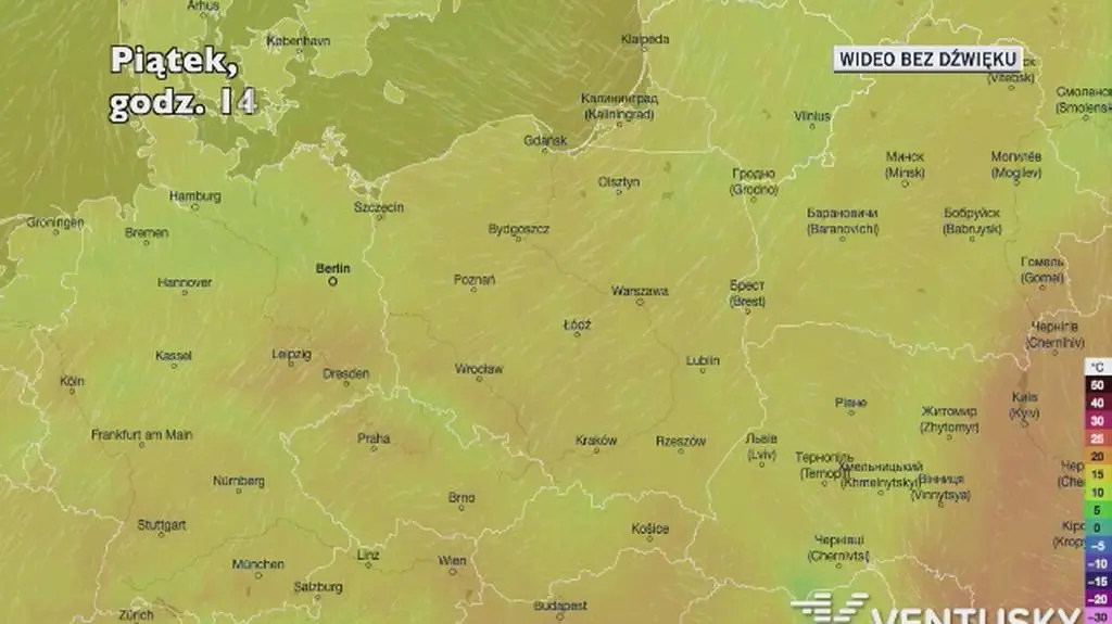 Prognozowana temperatura w kolejnych dniach (Ventusky.com)