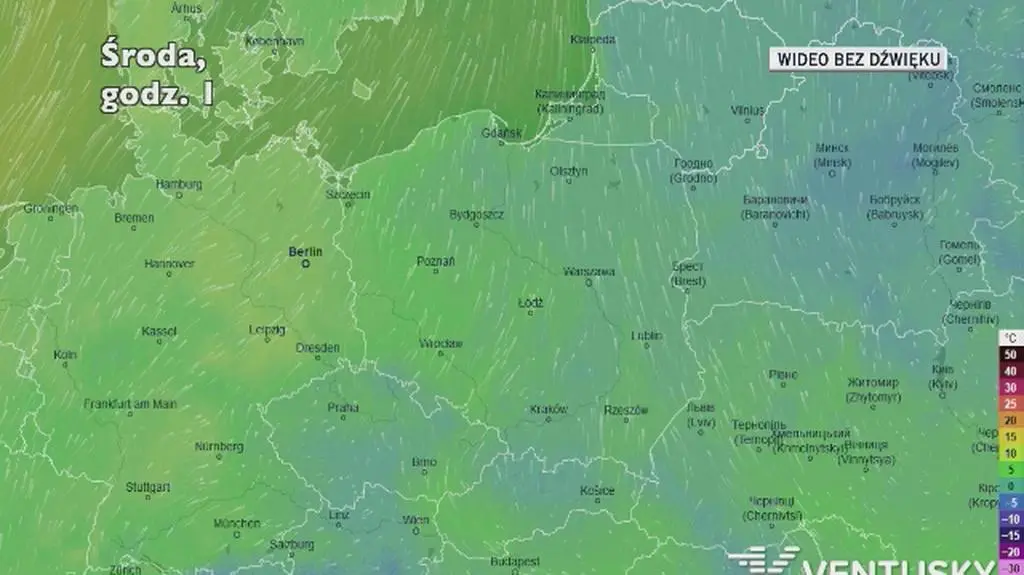 Prognozowana temperatura w kolejnych dniach (Ventusky