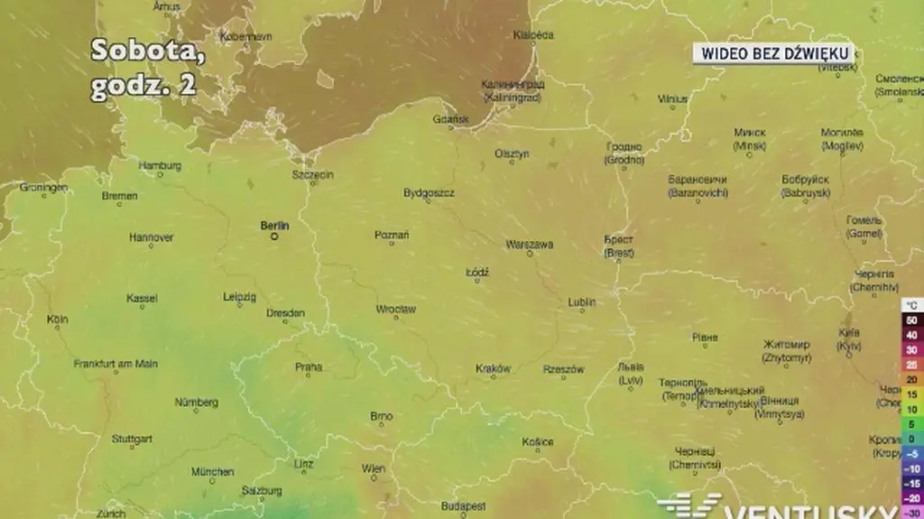 Prognozowana temperatura w kolejnych dniach (Ventusky.com)