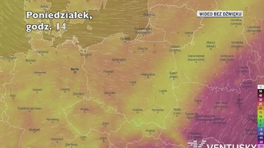 Prognozowana temperatura w kolejnych dniach (Ventusky.com)