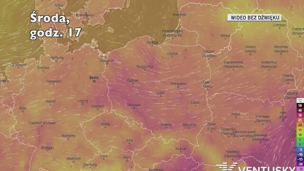 Prognozowana temperatura w kolejnych dniach (Ventusky.com)