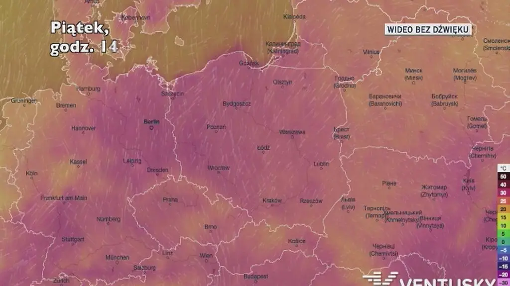 Prognozowana temperatura w kolejnych dniach (Ventusky.com)