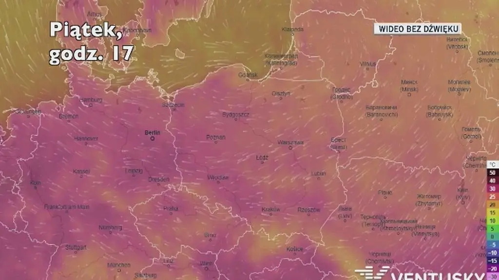 Prognozowana temperatura w kolejnych dniach (Ventusky.com)