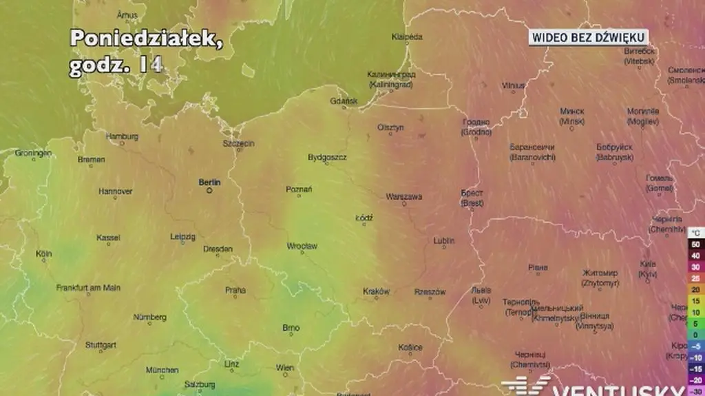 Prognozowana temperatura w kolejnych dniach (Ventusky.com)